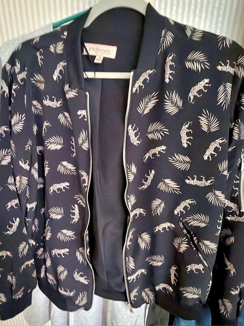 Philosophy Bomber Jacket Black with White Leopards & Palm Print. Rad!
